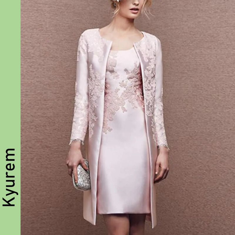 2 Piece Sheath Mother of The Bride Dresses Plus Size Elegant Scoop Knee Length Satin Party Gowns Guest Dresses Pink Robe De Soiree