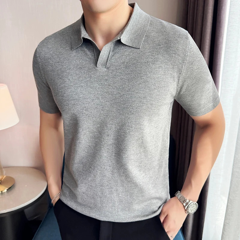 High Elasticity Knitted Men Polo Shirt Short Sleeved 2026 Summer Ice Silk Light Thin Solid Casual Top T-shirt Men Clothing 260623