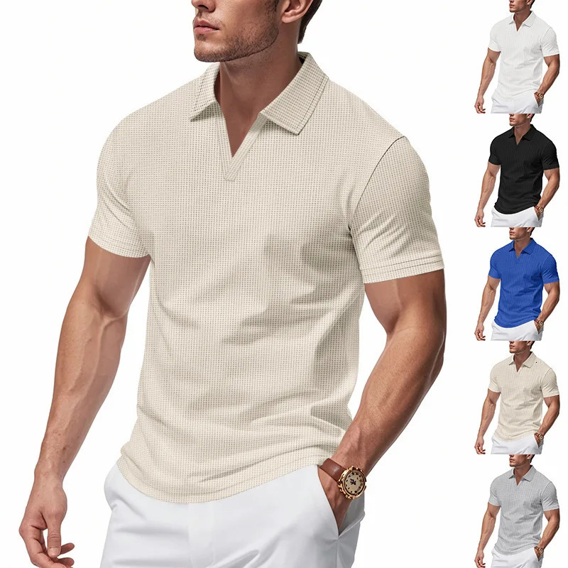 2026 Summer Polo Collar Casual Fashion Mens Clothing Waffle Short Sleeve Solid Color Casual V Collar Polo Shirt Male Top 260623