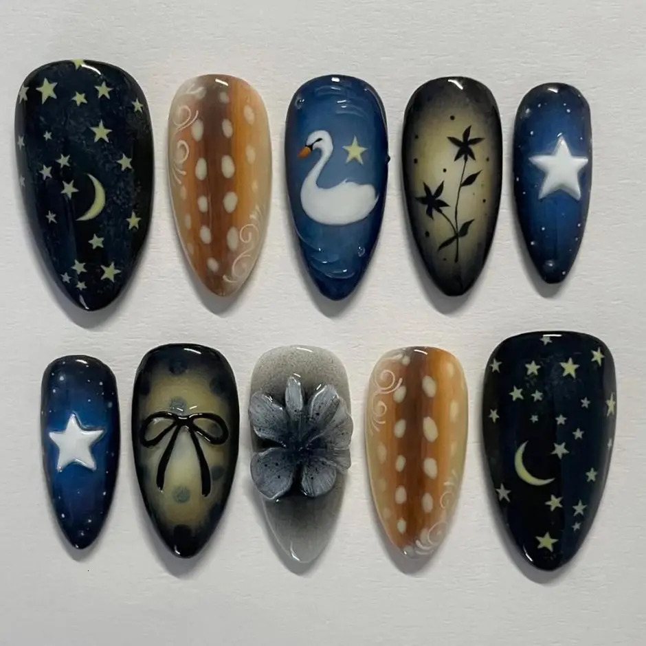24pcs Gradient Black False Nails Yellow Star Moon Swan Pattern Press On Nails Sweet Cool Bowknots Flower Fake Nail Y2k Manicure 260622