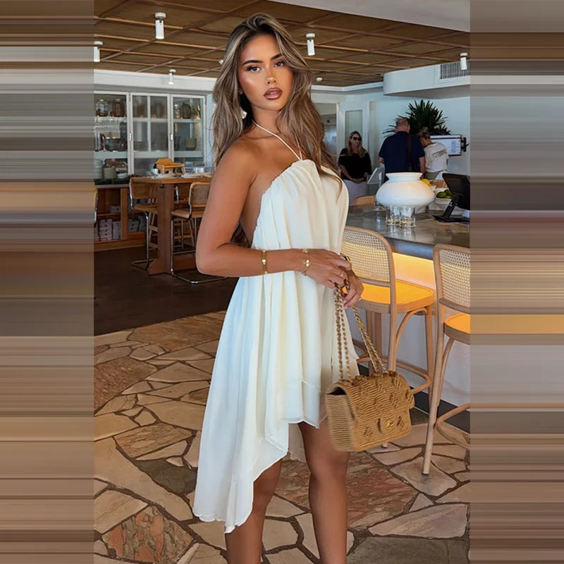 Elegant Halter Neck Asymmetric Mini Dress White Backless Flowy Chiffon High-low Skirt For Women Summer Casual Holiday Party Wear 260623