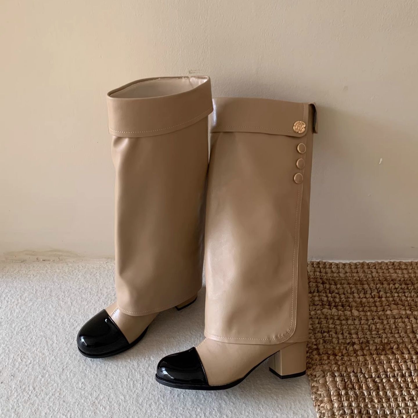 Women Two Tone Square Toe Knee High Boots Side Button Decor Block Heel Tall Leather Boots Fashion Slip On Casual Dress Riding Boots Plus Size