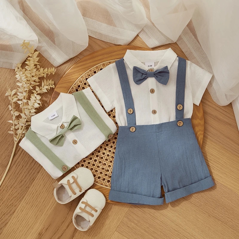 Fashion Summer Baby Boy Clothes Toddler Gentleman Outfits Short Sleeves Romper with Bow Tie Overalls Shorts Set for Formal Wear260624