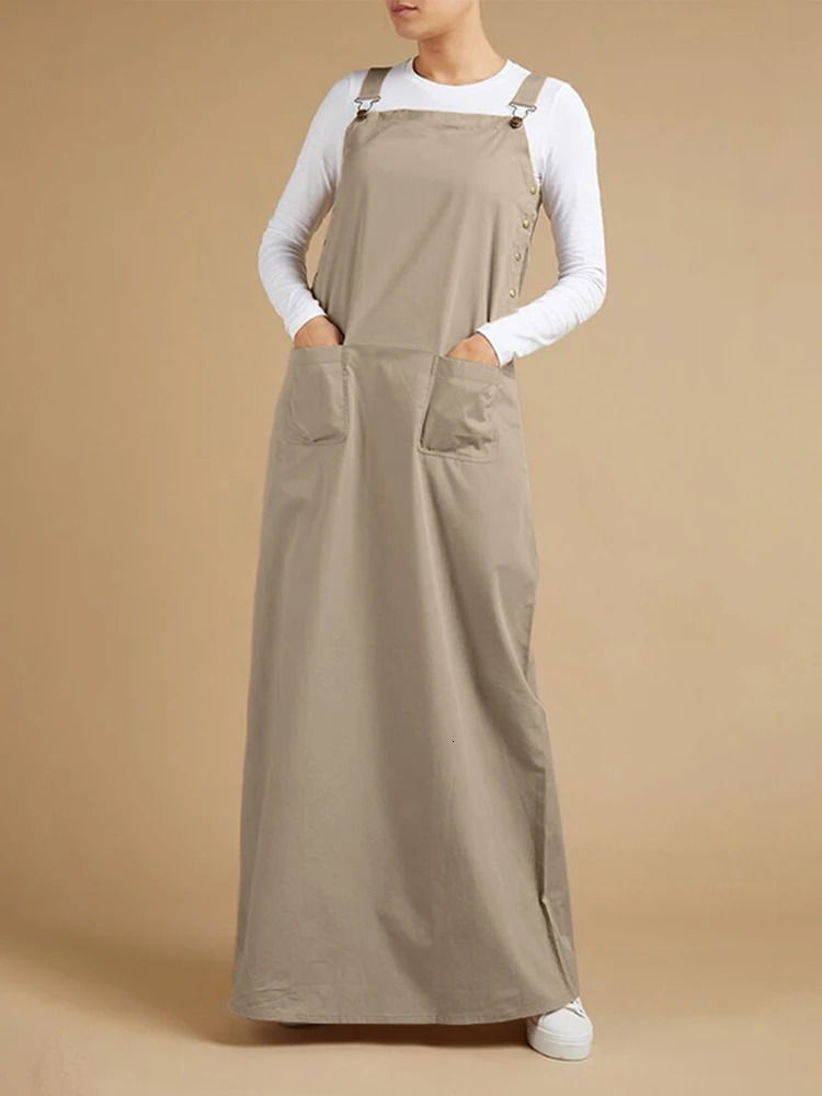ZANZEA 2023 Womens Summer Sundress Elegant Overalls Dress Solid Suspenders Vestidos Female Square Neck Buckle Robe Femme 260613