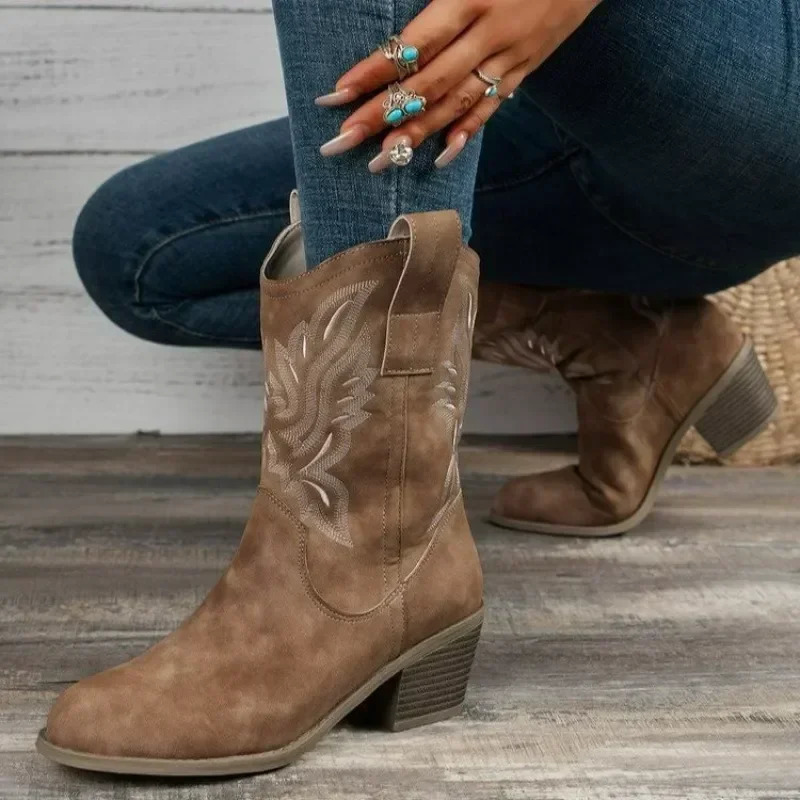 Botas occidentales clásicas para mujer, botines de ante de vaca con punta puntiaguda y tacón, botas de vaquero sencillas y cómodas para mujer 260623