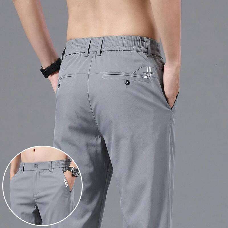 Good Quality Summer High Stretch Men's Casual Pants Polyamide Fiber Slim Straight Business Elastic Waist Work Chino Thin Trouser W260624