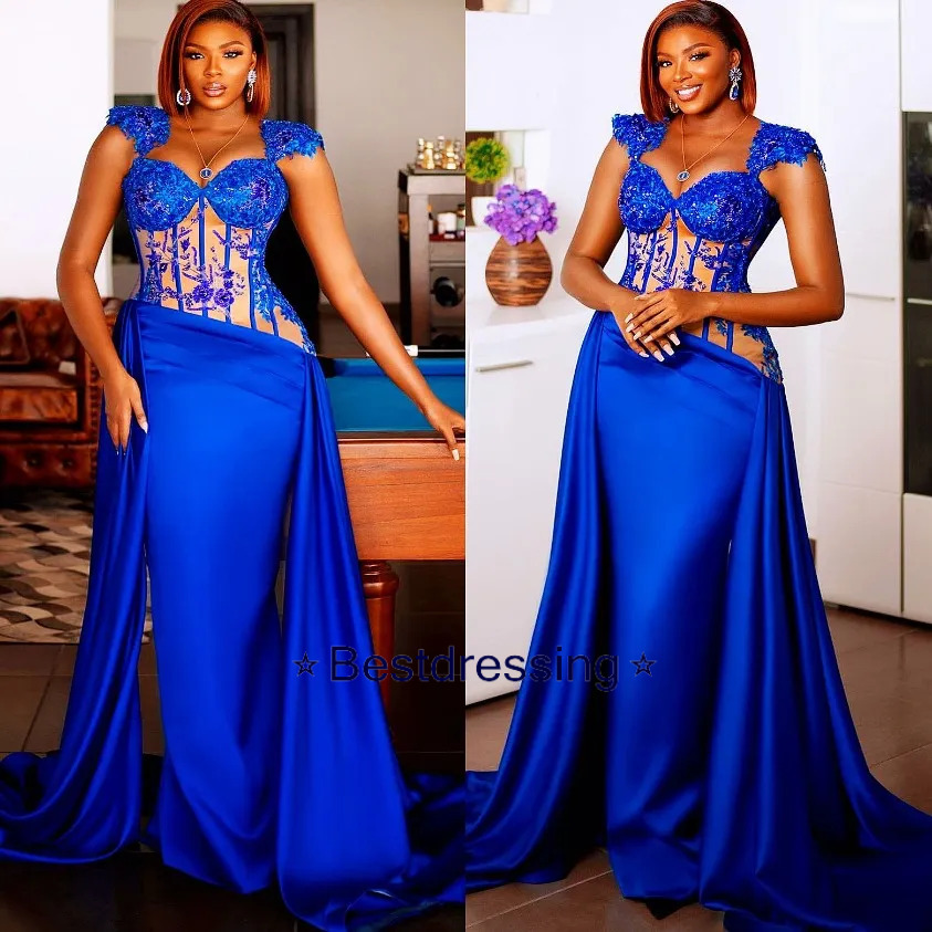 2026 Aso Ebi Royal Blue Sirena Abito da ballo in pizzo con perline Raso Serata formale Festa Secondo ricevimento 50esimo compleanno Abiti di fidanza