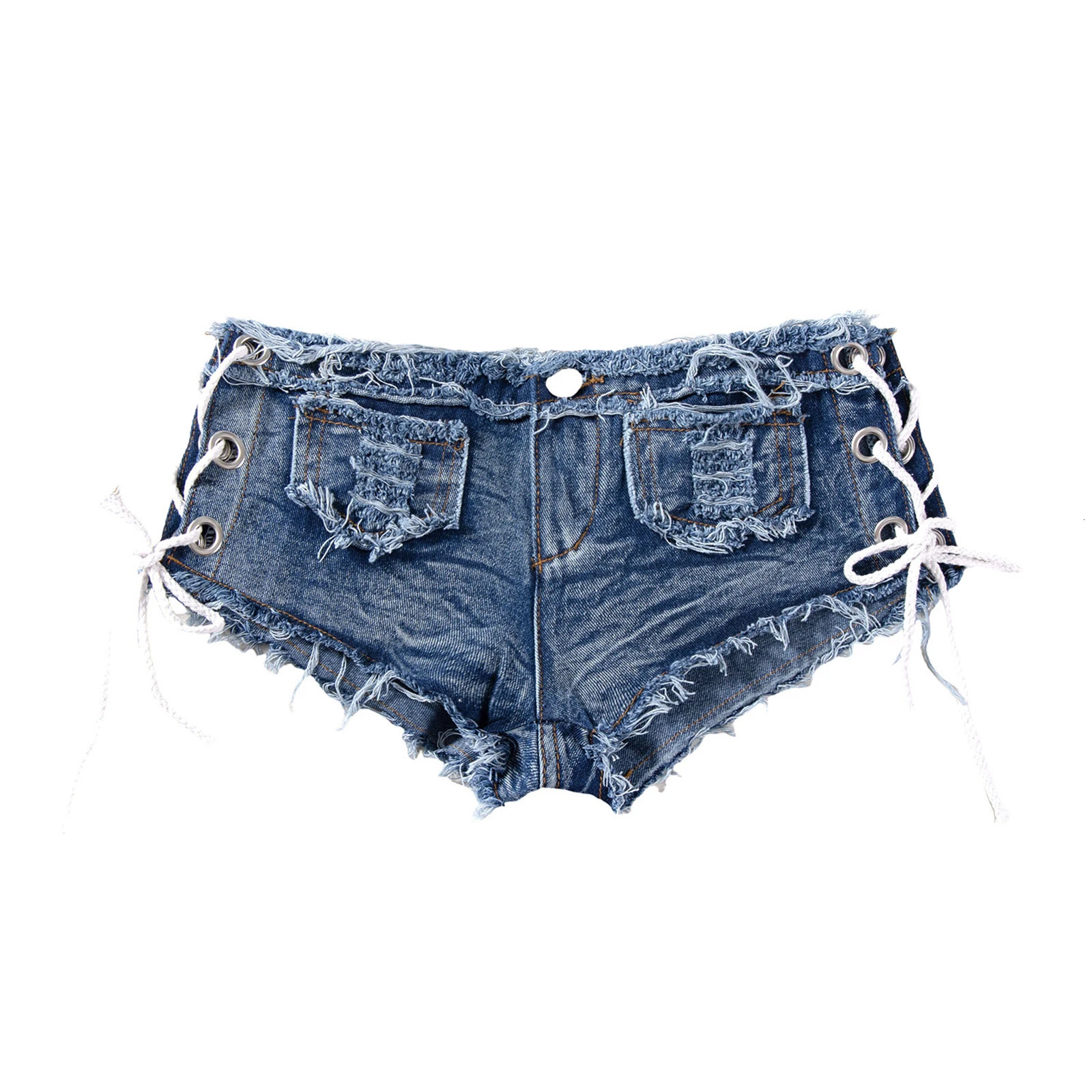Mens Low Rise Short Pants Raw Edge Ripped Denim Shorts with Sides Laceup Booty Jeans for Rave Party Clubwear 260613
