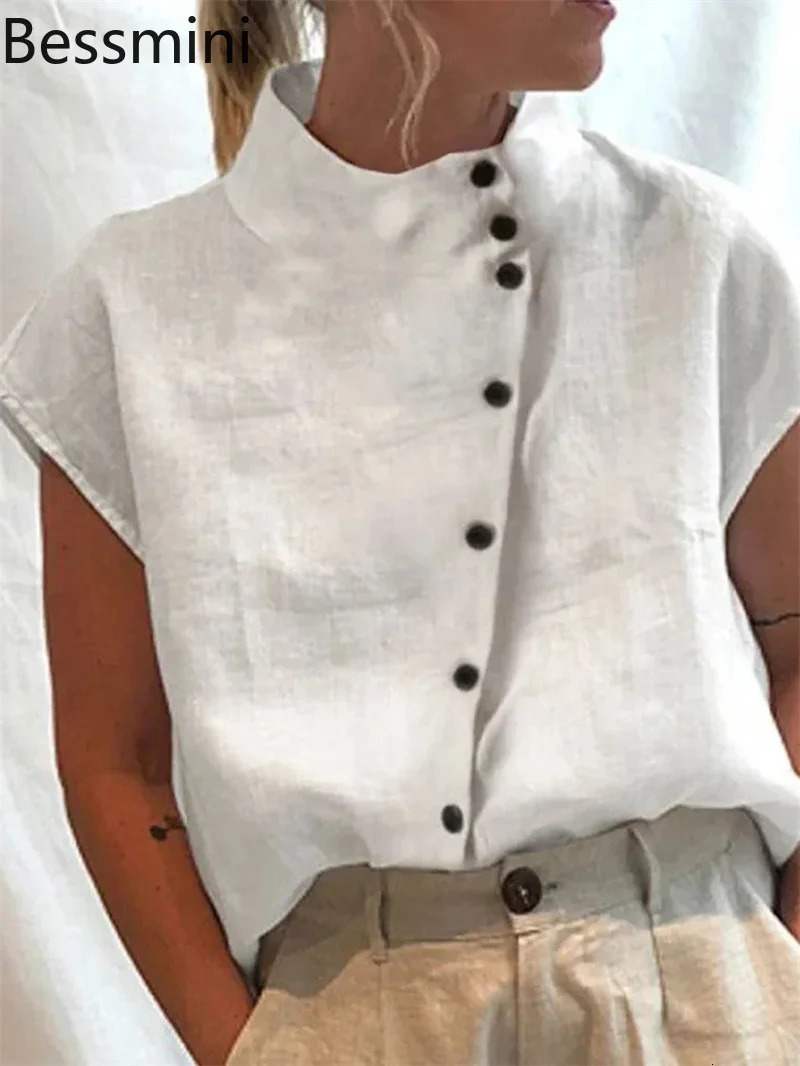 Elegant Cotton Linen Stand Neck Shirt Female 2026 Summer Simple Style Single Breasted Cardigan Tops Womens Casual Loose Blouse 260623