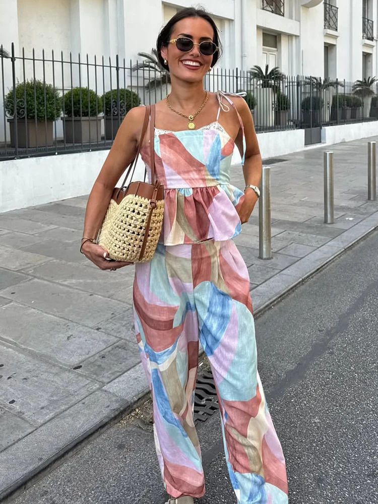 HH Fashion 2026 Summer Boho Printed Camisole Pants Set Womens Lace Laceup Backless Top Trim Wide Leg 2 Piece 260624