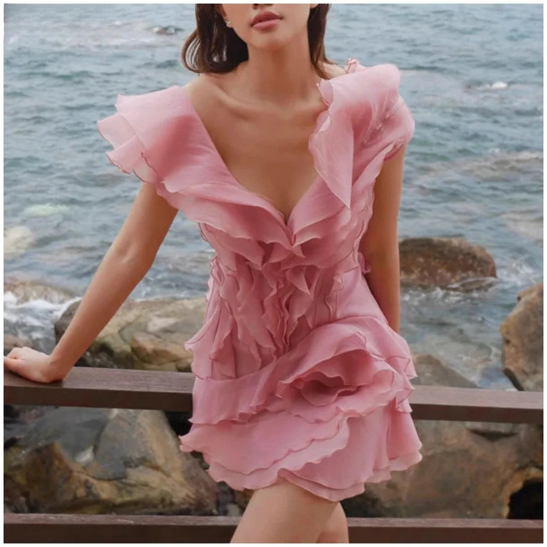 Sansa Custom made Pastel Pink Evening Dresses All Over Cascading Uneven Ruffle ChiffonBodycon Formal Dresses custom made color/size