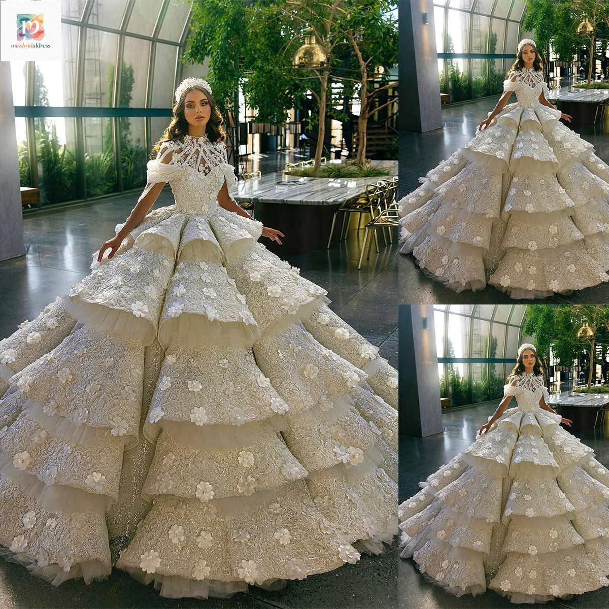 Gorgeous Ball Gown Wedding Dresses High Collar Long Sleeves Bridal Sequins 3D Appliques Tiers Sweep Train Princess Marriage Gowns Custom Made Mb618