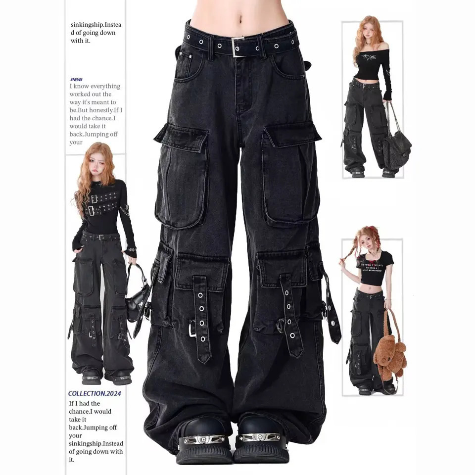 Women Y2k American Retro Mutil Pockets Cargo Jeans American Vintage Gyaru 2000s Aesthetic Grunge Jeans Straight Denim Pants 260623