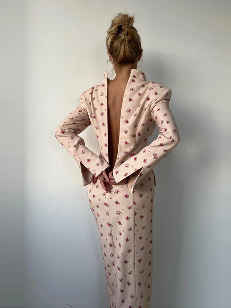 Elegant Womens Floral Print Blazer Dress Single Breasted Slit Maxi Dresses Bodycon Party Evening Formal Gown 2026 Outfit 260623