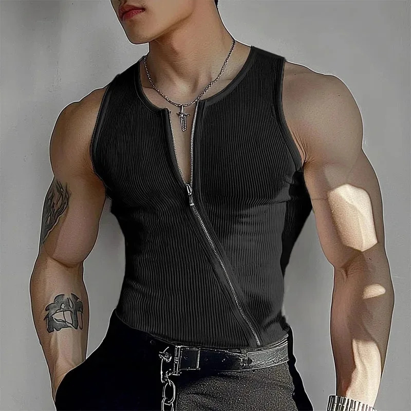 Mens Casual Y2K Ribbed Tank Tops Diagonal Zipper Vest Slim Fit Muscle Gym Sleeveless T-shirts Bodybuilding Workout Tank for Men 260623