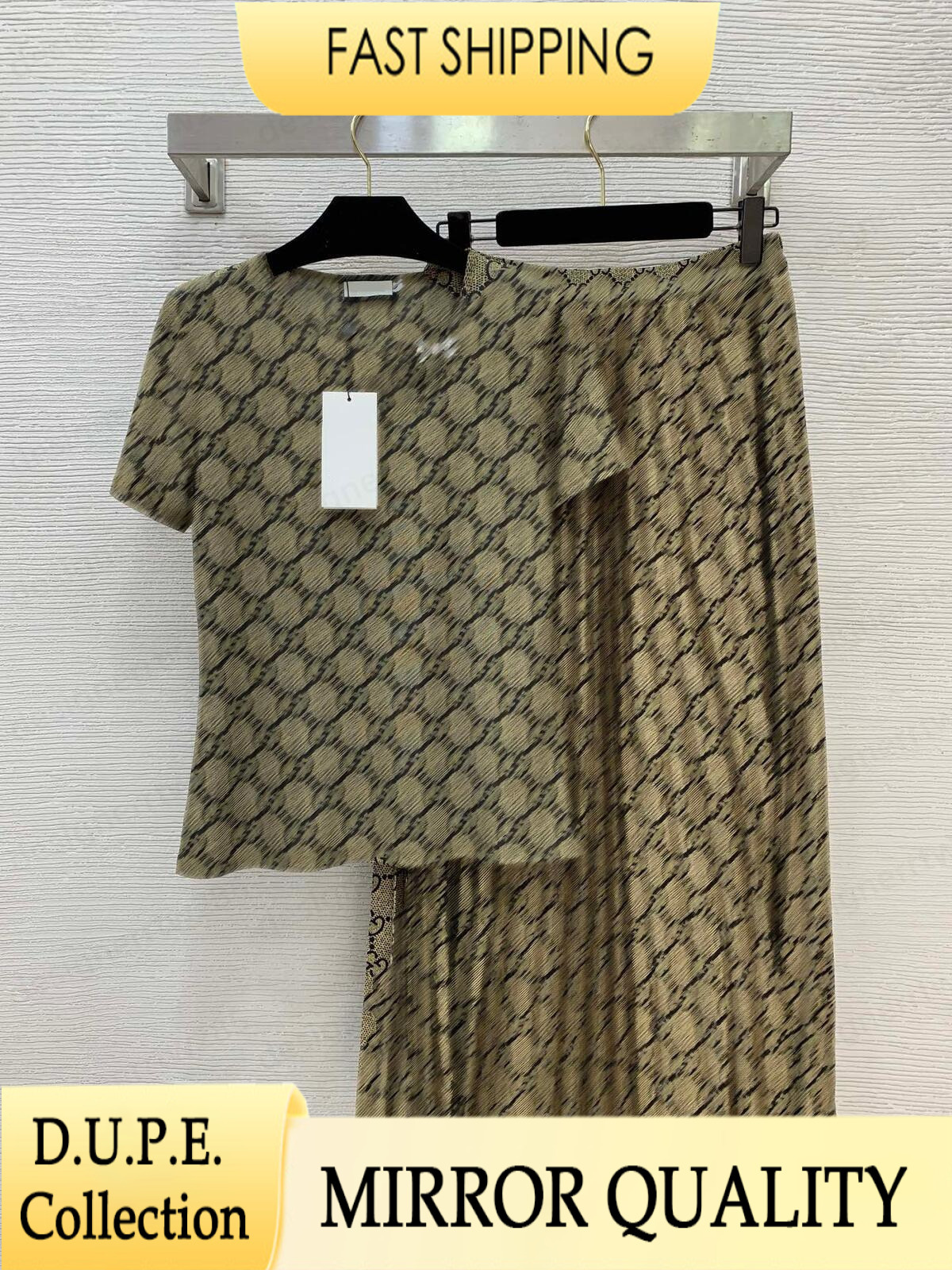 Designer GG Skirt Set Luxury Mesh T Shirt and Pleated Long Skirts Pattern Vintage Monogram Two Piece Outfit Short Sleeve Tee High Elastic Waist M-image-1111980268