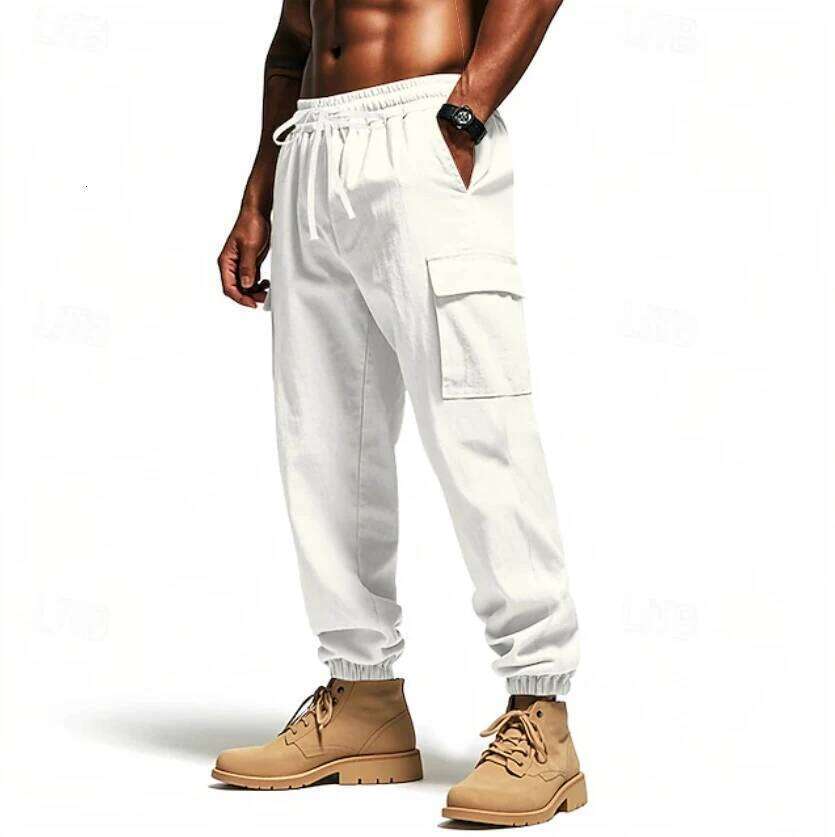 Men's Loose Fit Cotton Linen Cargo Jogger Pants Elastic Waist Drawstring Trousers with Pockets W260624