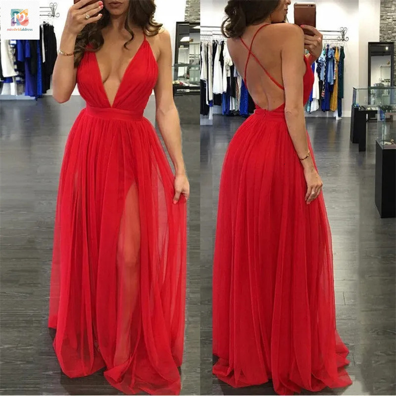 Plunging V Neck Backless Prom All Red Tulle Floor Length Spaghetti Straps Beach Fashion Cross Bohemian Long Evening Dress For Women Mb618