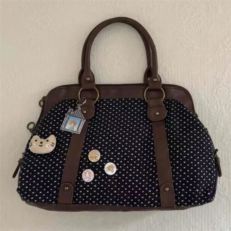 Japanese Retro Polka Dot Tote Bag Women Preppy Style Large Capacity Briefcase Ladies Sweet Harajuku Daily Versatile Handbag Chic 260624