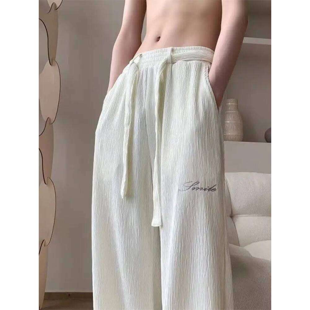 Pantaloni casual in seta di ghiaccio da uomo pantaloni sportivi larghi leggeri a gamba larga pantaloni di lino dritti bianchi uomo estivo elastico d