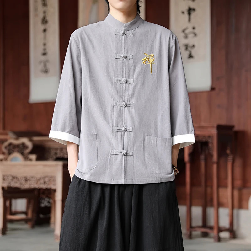 Linen Cotton Shirts Chinese Style Retro Tai Chi Kung Fu Traditional Embroidery Men Loose Fit Comfortable Breathable Shirt 260623