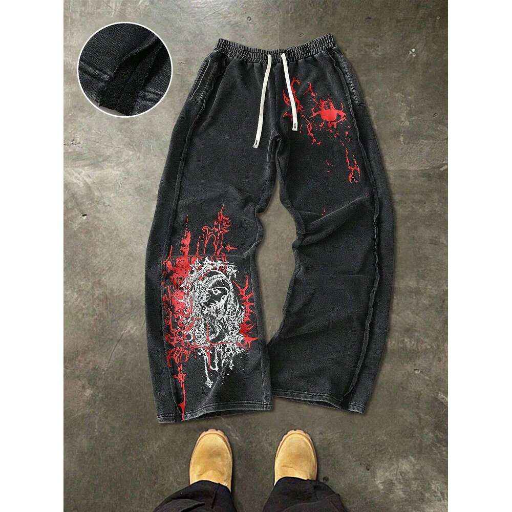 2026 Summer New Retro Gothic Punk Style 3D Printed Sports and Leisure Straight Leg Street Wear Men's Loose Pants W260624