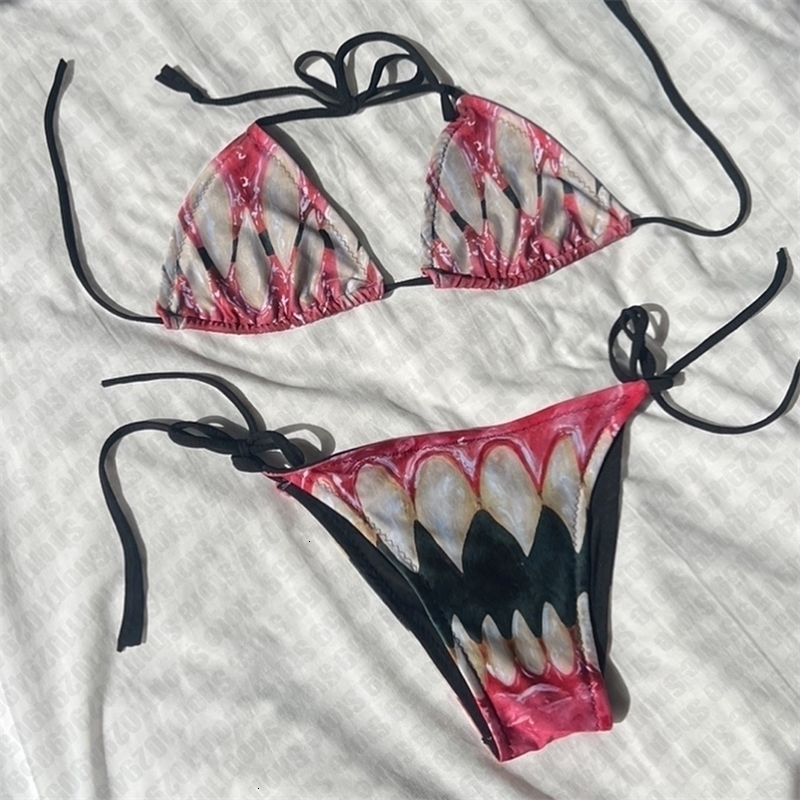Y2k 2000s Swimsuit Punk Print Push-up Padded Bra Thong Two Pieces Swimwear Beachwear Bathing Suit Female Women Sexy Bikini Set 260623