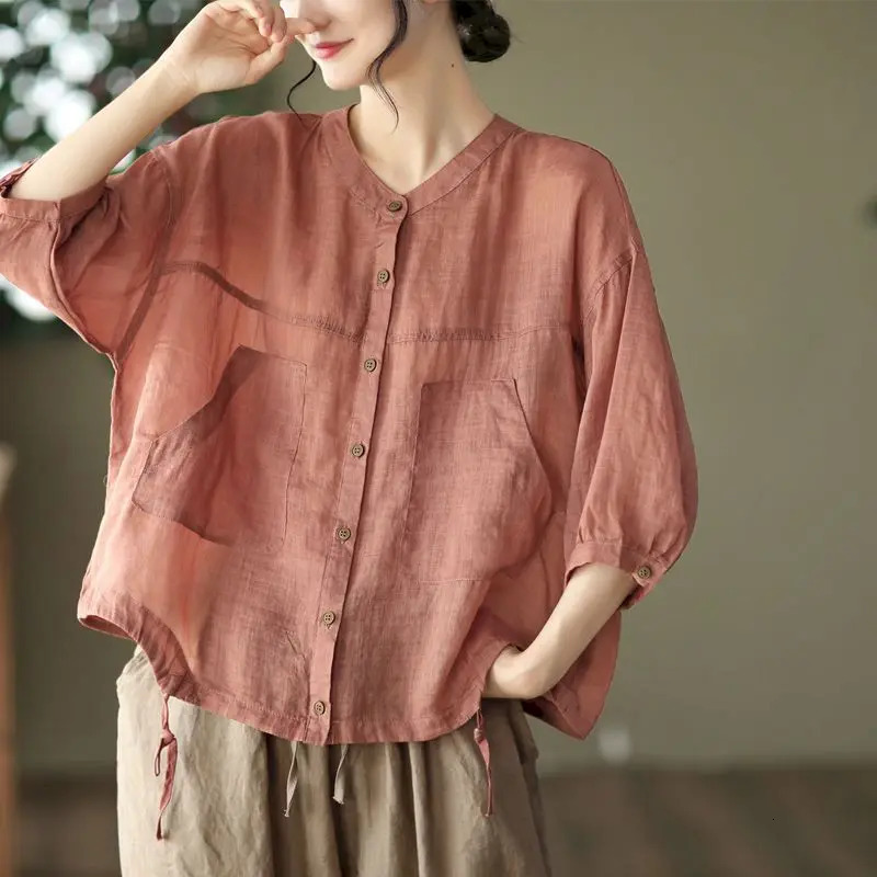 Cotton Linen Shirts for Women Solid Vintage V-neck Loose Half Sleeve Casual Korean Fashion Single Breasted Blouse Women Tops 260623
