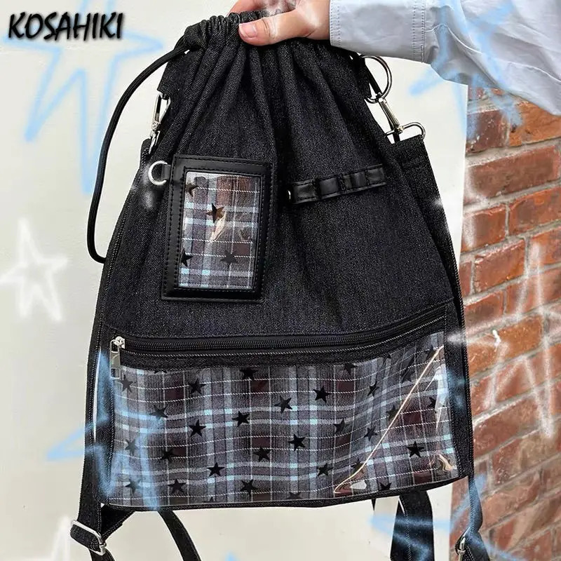 Star Denim Pleated Drawstring Ita Bags Vintage Y2k Contrast Color Plaid Shoulder Crossbody Bag Women Transparent Backpacks 260624