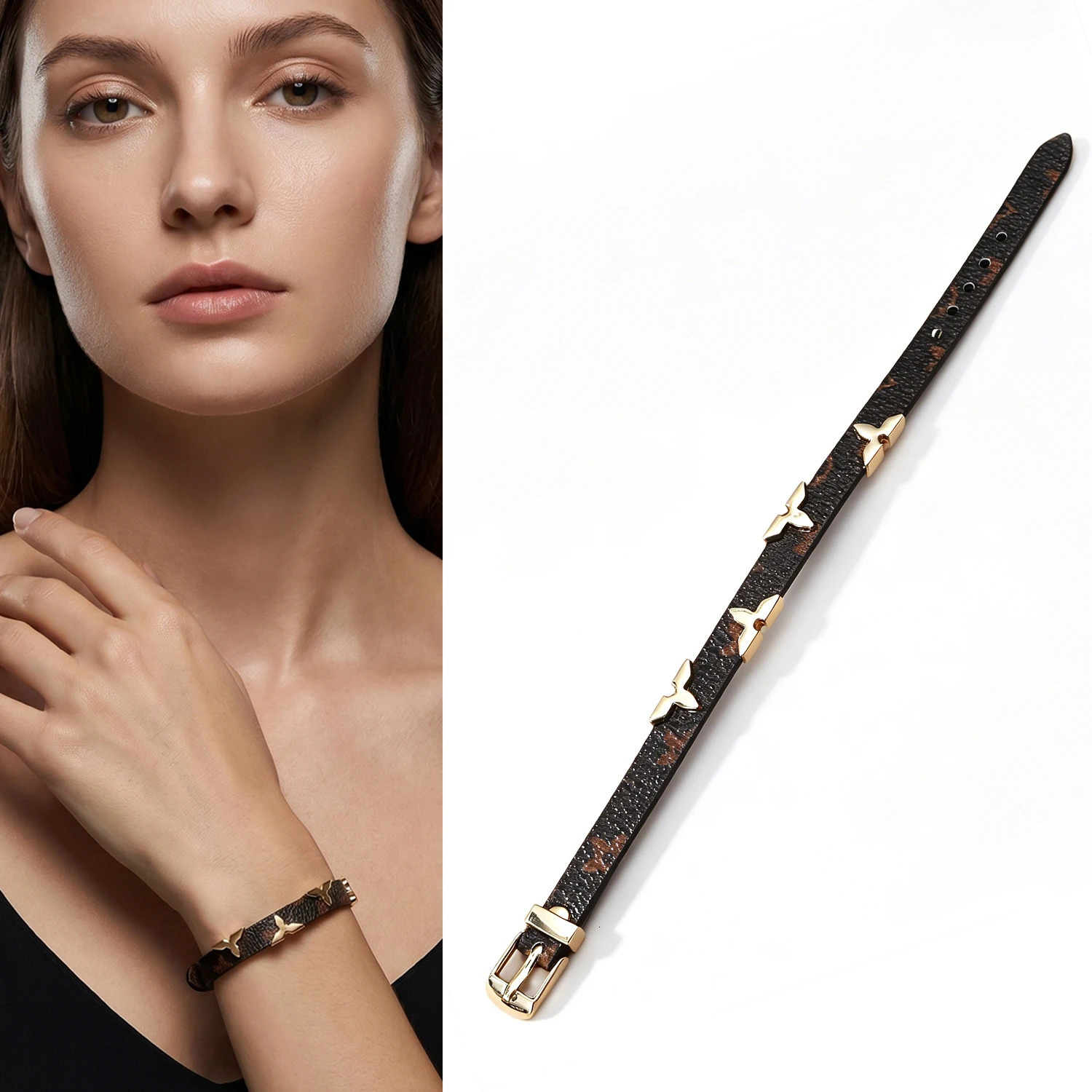 Elegant Monogram Leather Clover Bracelet - Adjustable Buckle Bangle for Women High-Quality Jewelry 260623