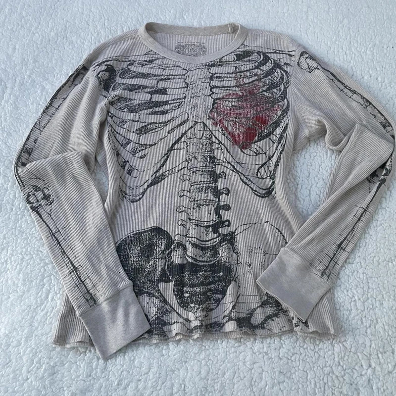 Maemukilabe 00s Retro Y2k Women Tops Harajuku Gothic Skeleton Graphic Printed T shirt Hip Hop Tee Shirt Aesthetic Streetwear 260622