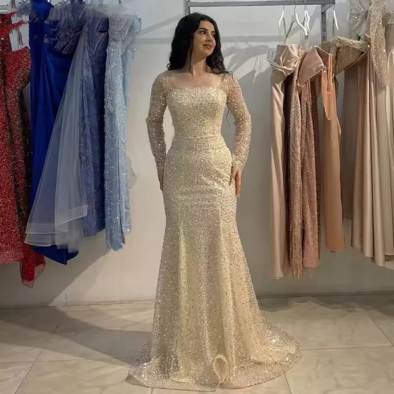 Sparkling Sequin Mermaid Prom Pageant Dress Square Neck Long Sleeves Beads African Evening Birthday Formal Party Gowns Robe De Soriee