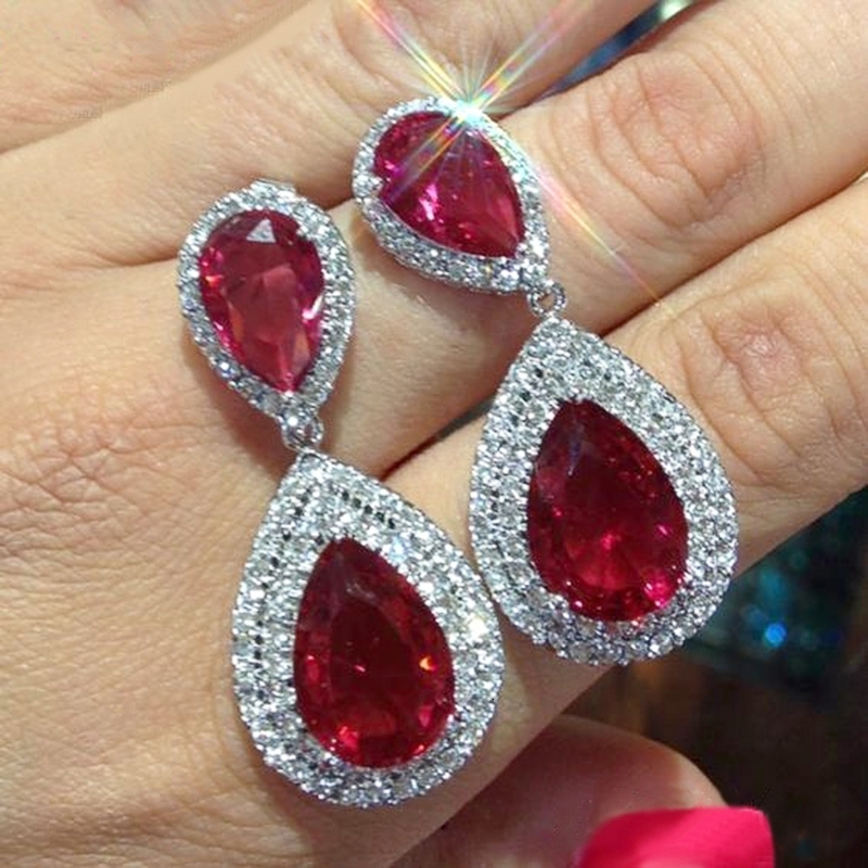 Huitan Preciosos pendientes colgantes de circonita cúbica roja para mujer, regalo de aniversario de boda, joyería de fiesta de moda 260623