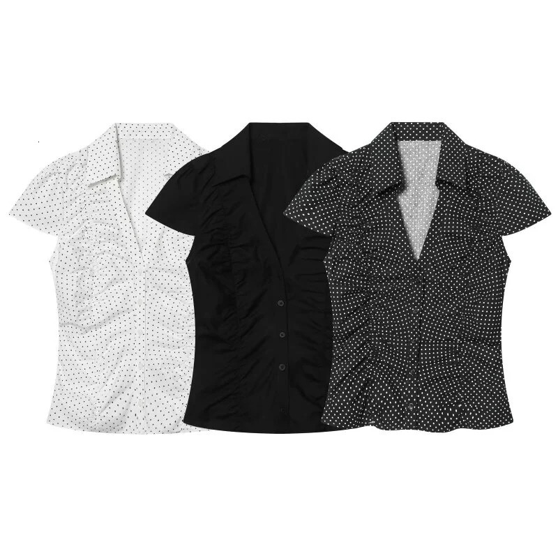 Summer Y2K Vintage Polka Dot Short Sleeve Blouse For Women V Neck Collared Ruched Bodycon Slim Fit Casual Daily Streetwear Shirt 260623