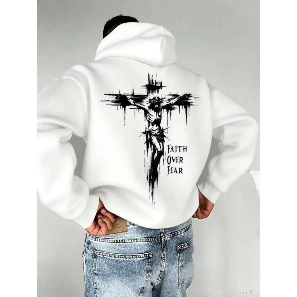 Autumn Hoodies for Men A Cross-shaped Design on The Back Print Hooded Long Sleeve Pullover Daily Casual Sport Tops Men's Clothes J260624