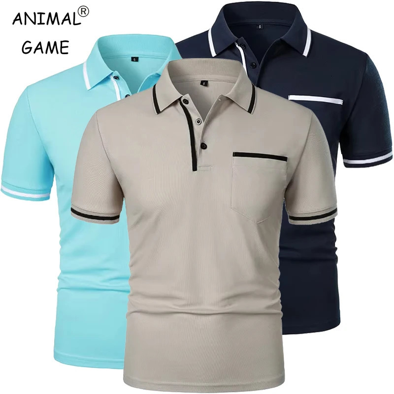 Summer Mens Short Sleeve Breathable T Shirts Solid Color Lightweight Polo Shirt Trendy Loose Basic Splice Top with Pockets 260624