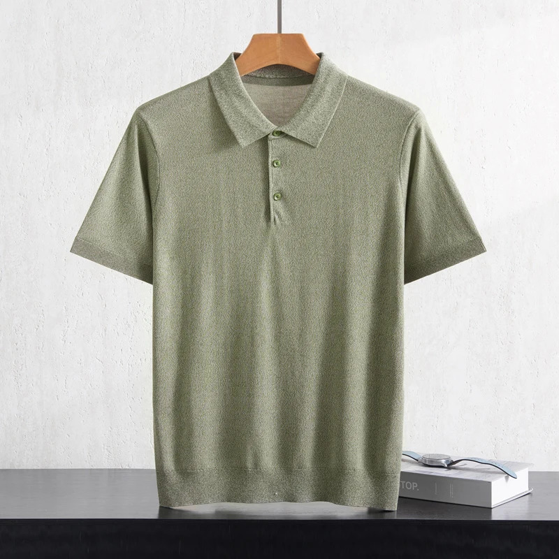 Summer knitted mens short sleeved T-shirt casual and comfortable thin pullover and lapel sweater solid color T-s 260623