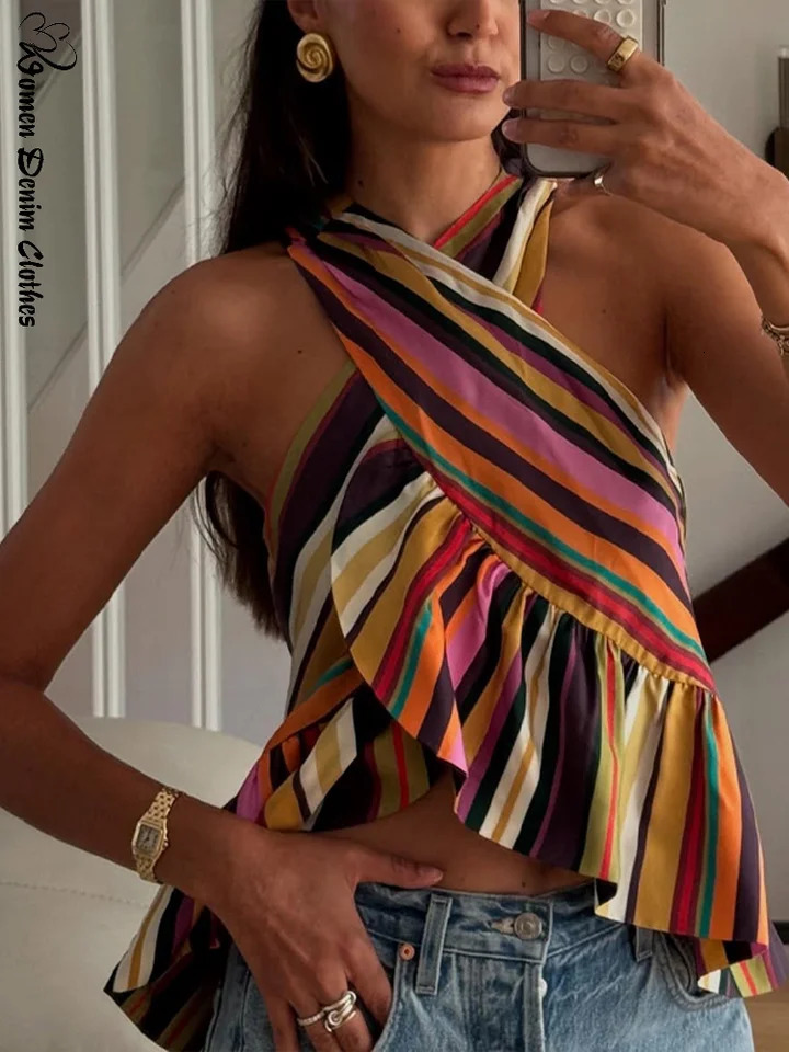 Sexy Striped Womens Vest Halter Sleeveless Ruffles Irregular Lady Vest 2026 Spring Summer Female Street Vacation Tops 260623
