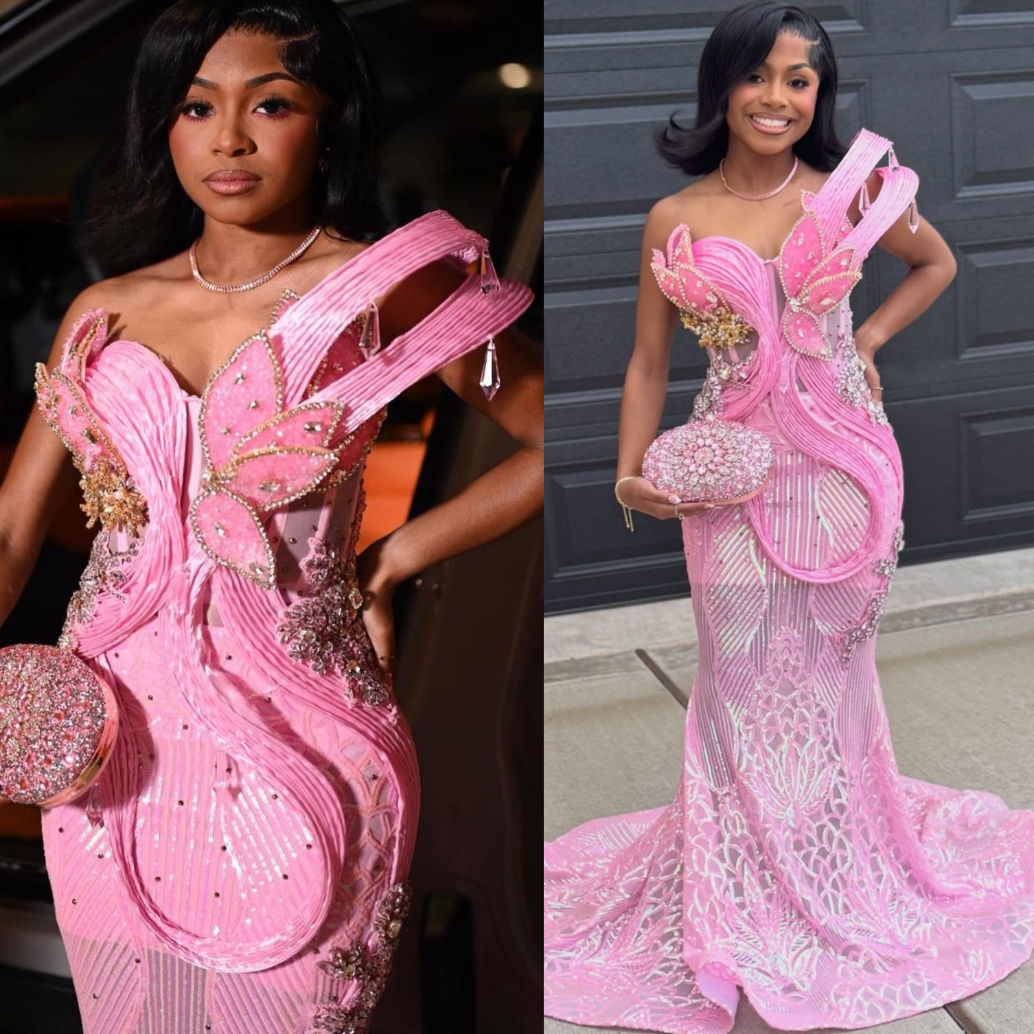 Aso Ebi Pink Mermaid Prom Dress 2026 Evening Dress One Shoulder Crystals Flowers Sequined Birthday Formal Women Pageant Party Gowns Long Dinner Dres