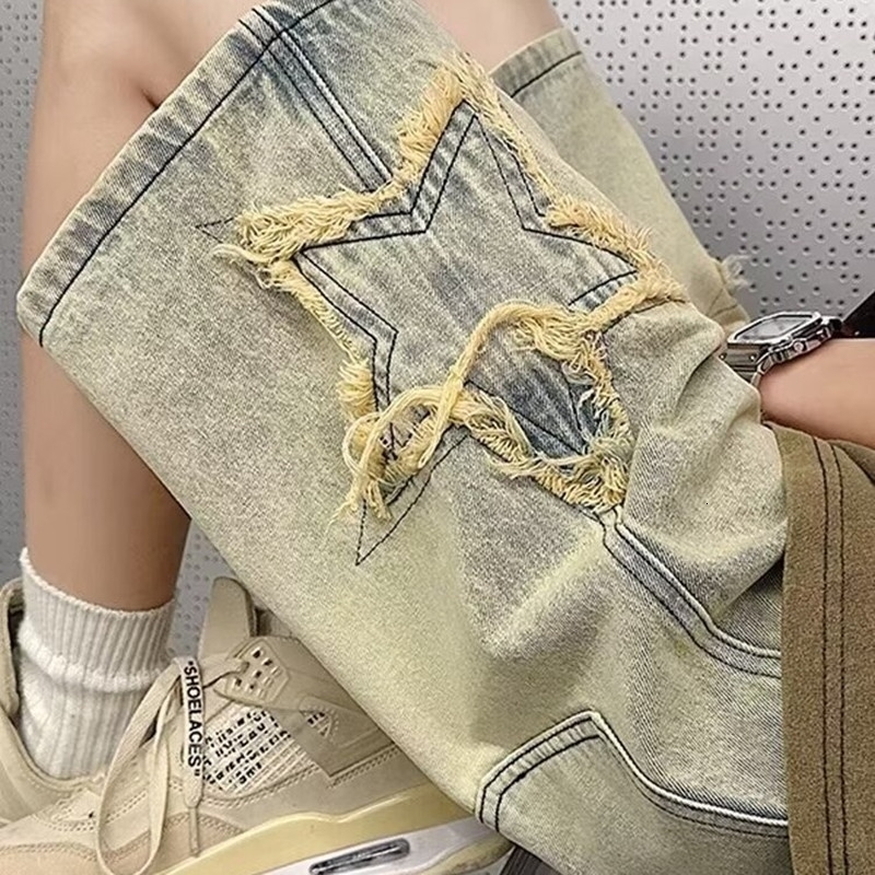 Star Patchwork Yellow Clay Color Jeans Summer Men Denim Shorts Trendy Streetwear Fivepoint Pants Straight y260609