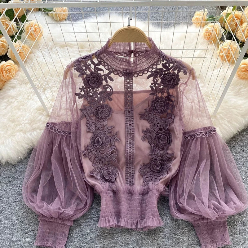 Summer Elegant Lace Blouses Korean Style Womens Clothing Casual Long Sleeve Tops Blusas Feminina Elegante Estilosa Y338 260623