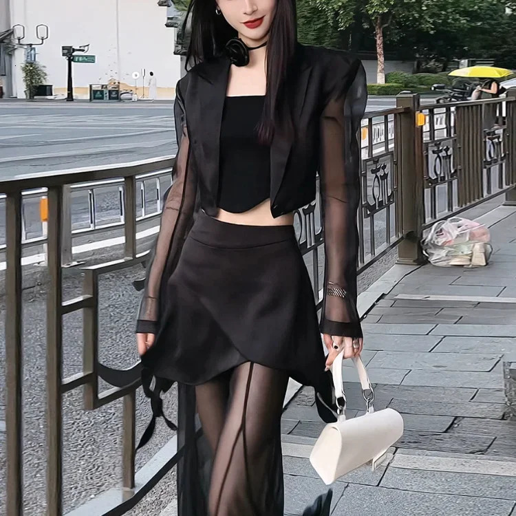 Korean Simple High Waist Hollow Out Black Pants Y2k EGirl Slim Fit Mesh Long Sleeve Top Grunge Two Piece Sets 260623banjia