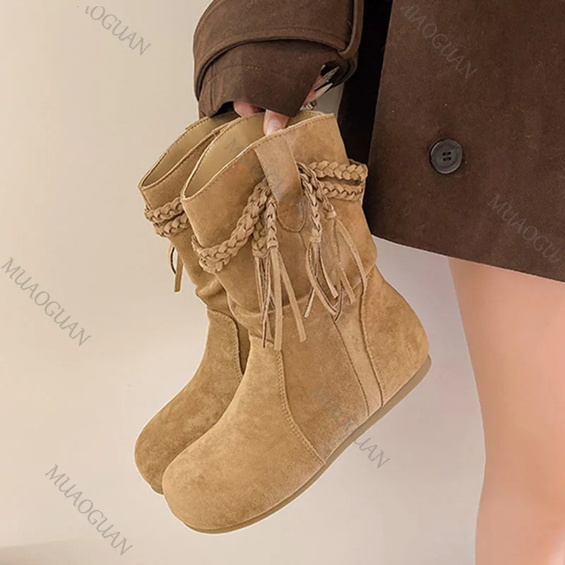 Botas cortas para mujer, Botas informales de gamuza Vintage de otoño para mujer, zapatos de mujer con parte inferior plana y borla lisa, Botines sól