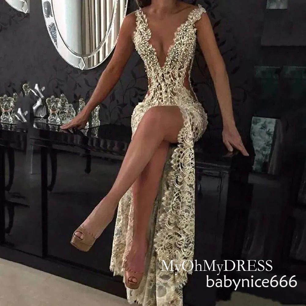 2026 Sexy Lace Mermaid Prom Dress Deep V Neck Beaded Sheer Backless Silt Evening Formal Gala Party Gowns See Through Robe De Soiree Y624