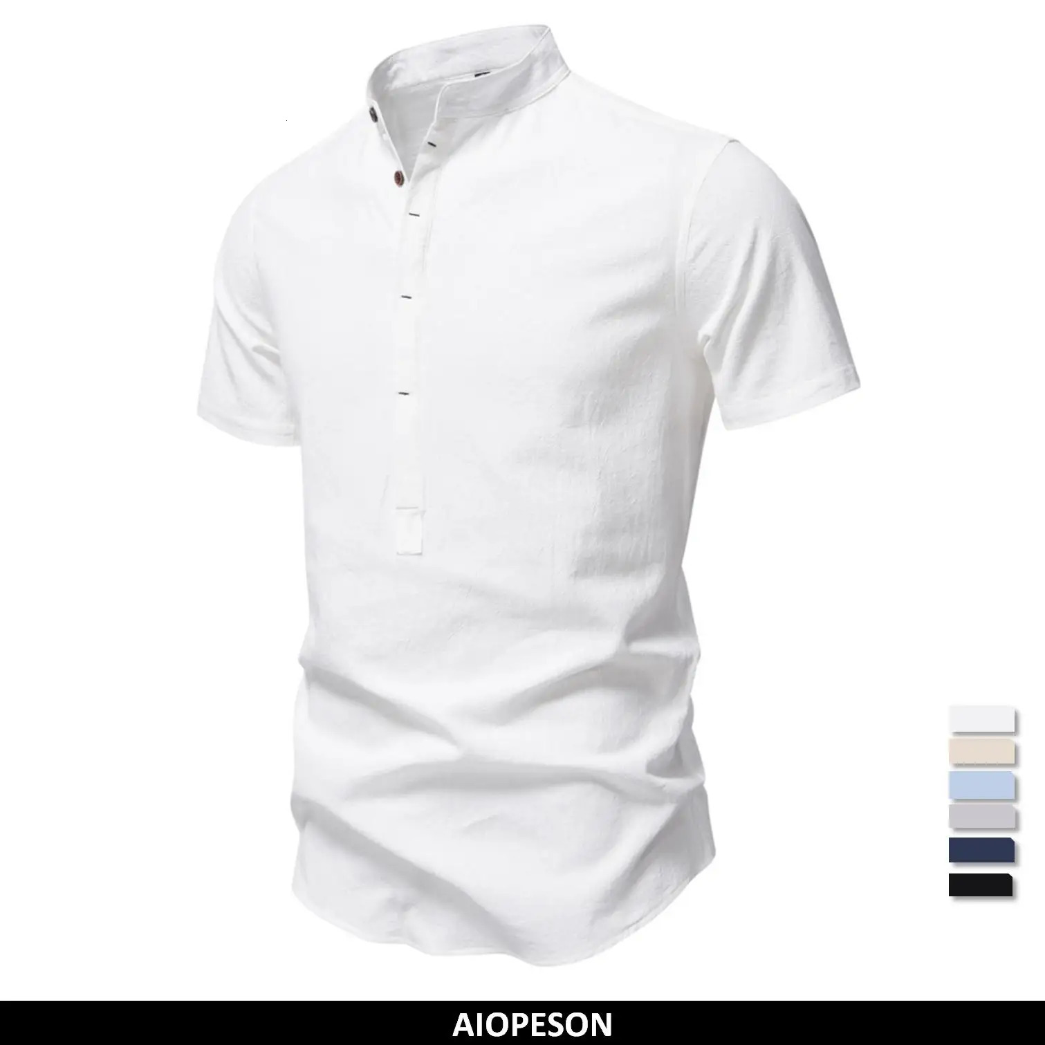AIOPESON Mens Short Sleeve Solid Color Linen Shirt Turn Down Collar Casual Summer Breathable Comfort 260617