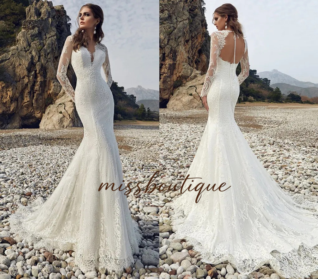 Custom Made Long Sleeve Lace Mermaid Wedding Gowns Vestido De Novia Sexy Open Back Elegant Bridal Dresses Robe Mariee Q624