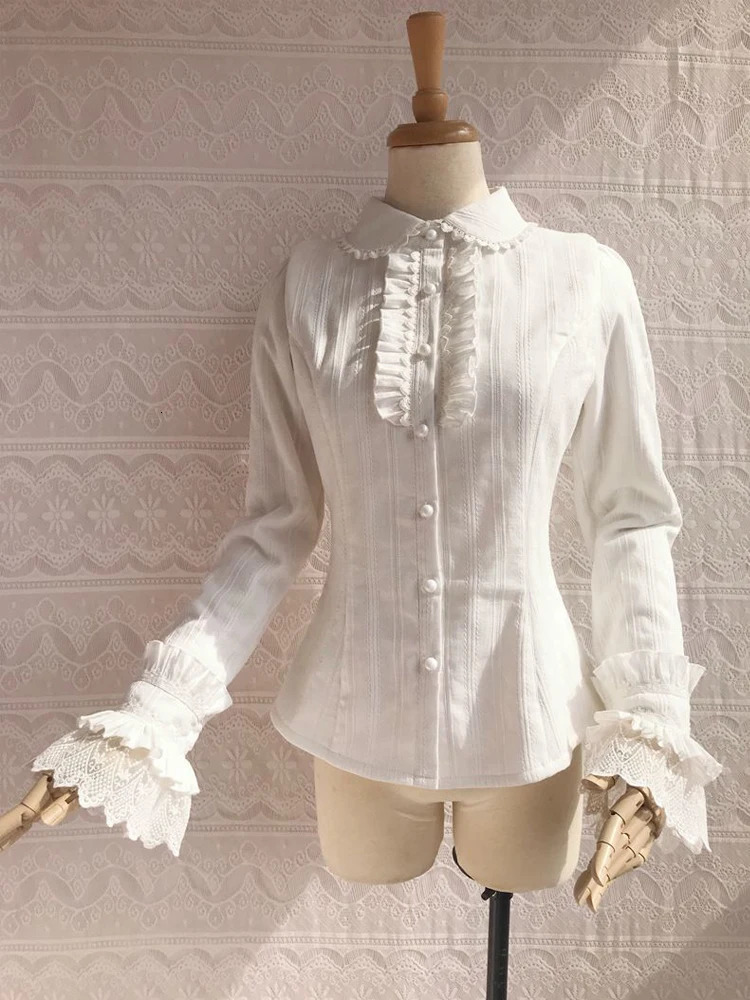 2026 Spring Women White Vintage Victorian Lolita Shirt Long Sleeve Lace Ruffle Cuff Embroidery Peter Pan Collar Clothing 260623