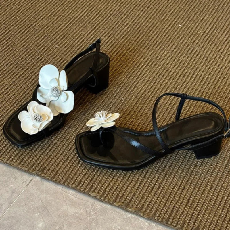 Womens Spring and Summer Soft Leather Soft Sole Beach Open Toe Square Heel Shoes Flower Strap Sandals 260624