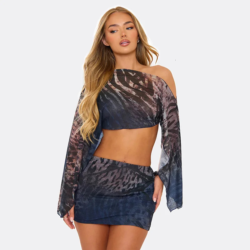 Animal Print Sexy 2 Piece Set Women Party Club Y2K Bodycon Summer Long Sleeve Crop Top Mini Skirt Matching Sets Beach Vacation 260623