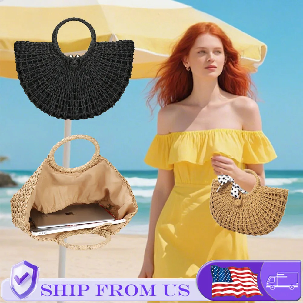 Large Capacity Summer Handmade Straw Weave Bags For Women HalfRound Rattan Woven Beach Bag Ladies Wrapped Handbags Totes 260624